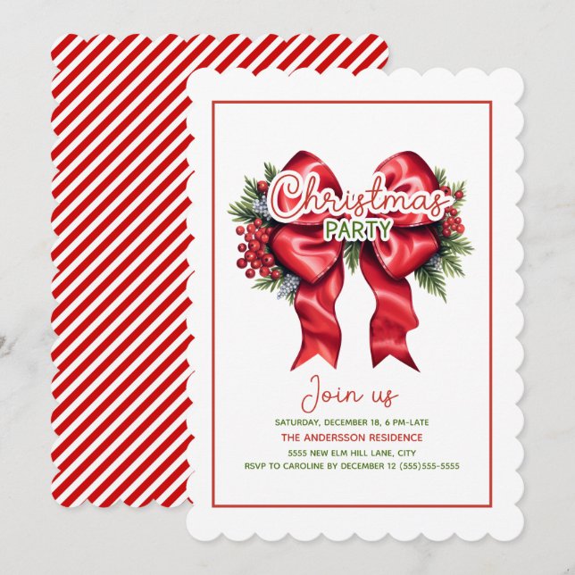 Red Bow Holly Berries Scallop Weihnachts-Party Einladung (Vorne/Hinten)