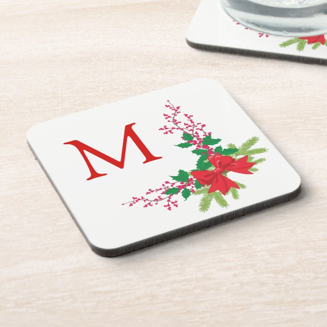 Red Bow Holly Christmas Monogram Getränkeuntersetzer (Linke Seite)