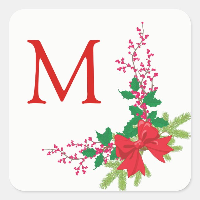 Red Bow Holly Christmas Quadratischer Aufkleber (Vorderseite)