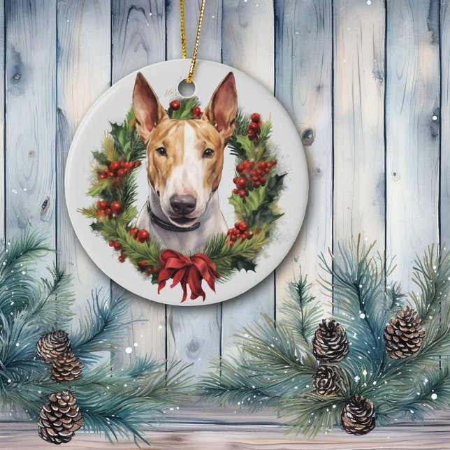 Red Bow Holly Wreath Bull Terrier Dog Keramik Ornament (Von Creator hochgeladen)