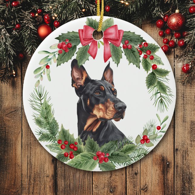 Red Bow Holly Wreath Doberman Pinscher Dog Keramik Ornament (Von Creator hochgeladen)