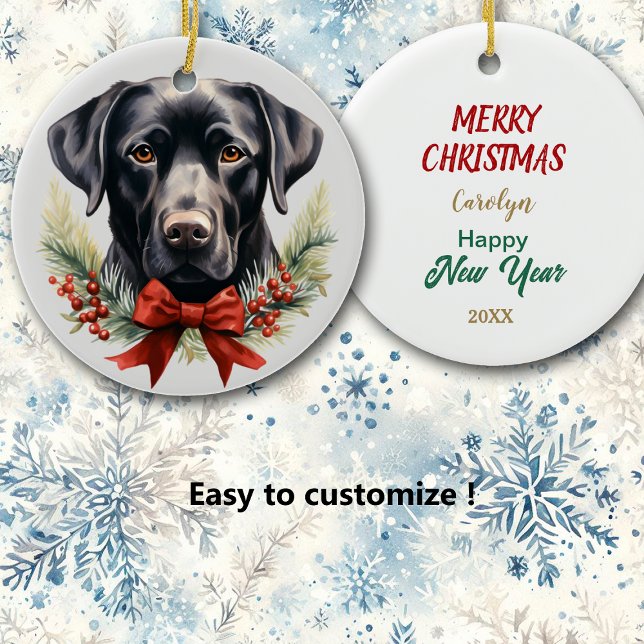 Red Bow Pine Bough Berry Labrador Retriever Dog Keramik Ornament (Von Creator hochgeladen)