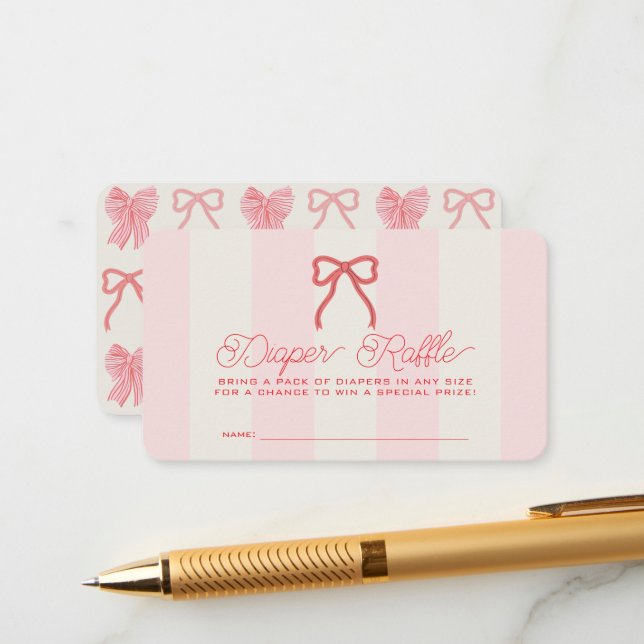 Red Bow & Pink Stripes Baby Diaper Raffle Ticket Begleitkarte (Vorderseite/Rückseite Beispiel)