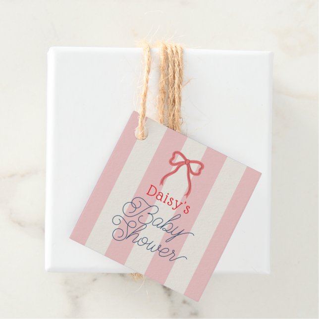 Red Bow & Pink Stripes Baby Shower Geschenkanhänger (Beispiel)