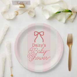 Red Bow & Pink Stripes Baby Shower Pappteller