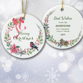 Red Bow Poinsettia Bird Holiday Wreath Keramik Ornament