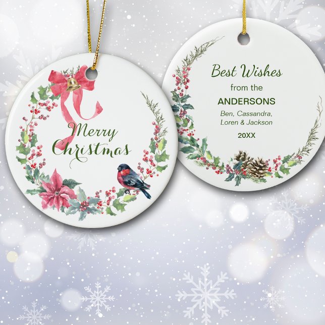 Red Bow Poinsettia Bird Holiday Wreath Keramik Ornament (Von Creator hochgeladen)