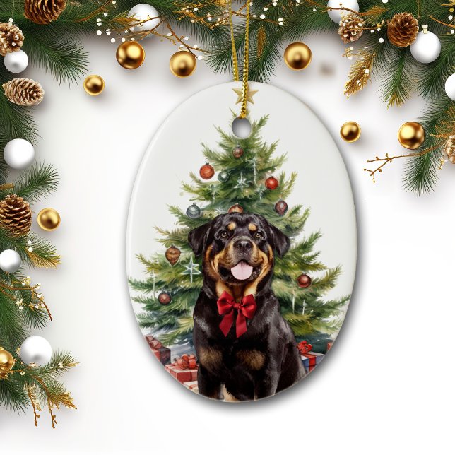 Red Bow Rottweiler Dog Weihnachten Keramik Ornament (Von Creator hochgeladen)
