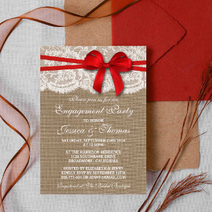 Red Bow Rustic Burlap & Lace Engagement Party Einladung