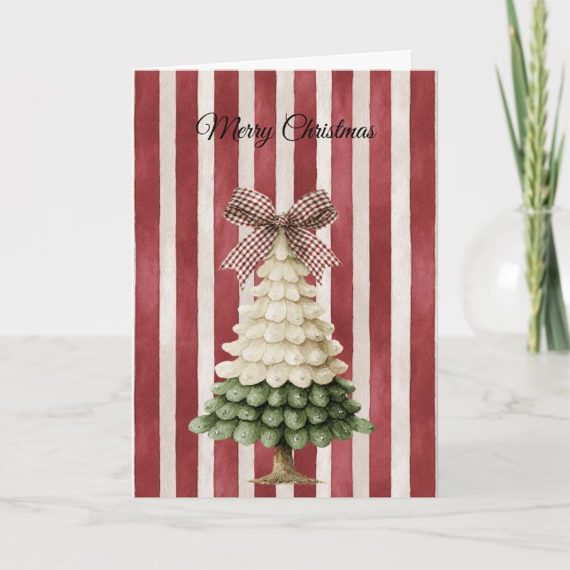Red Bow Stripes Christmas Green Cream Tree Karte (Vorderseite)