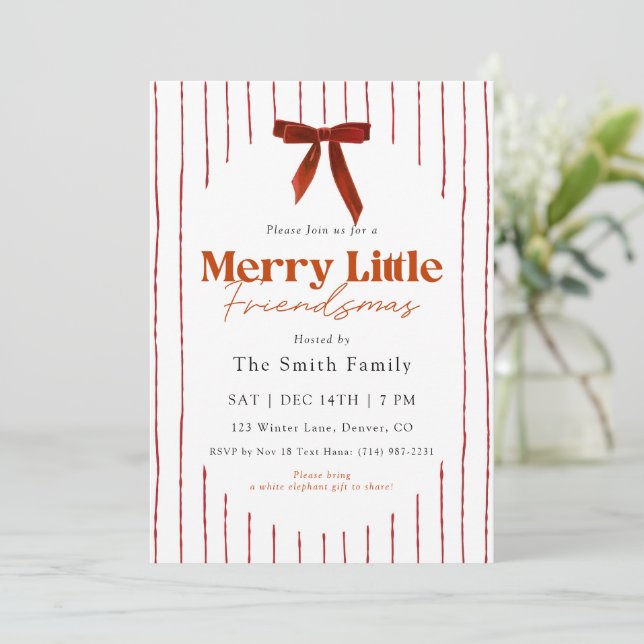 Red Bow Watercolor Merry Little Friendsmas Einladung (Stehend Vorderseite)