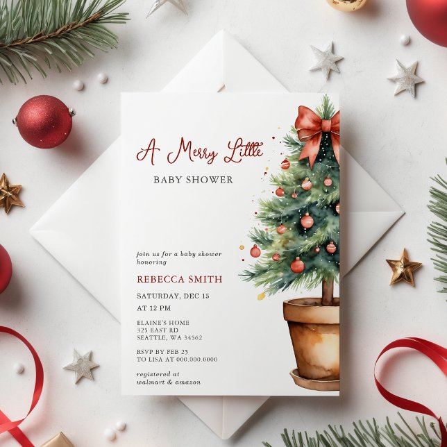 Red Bow Weihnachtsbaum Merry Little Baby Shower Einladung (Red Bow Christmas Tree Merry Little Baby Shower Invitation)