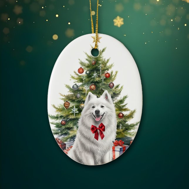 Red Bow White Samoyed Dog Weihnachten Keramik Ornament (Von Creator hochgeladen)