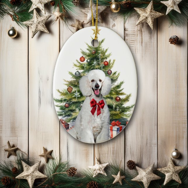 Red Bow White Standard Poodle Dog Weihnachten Keramik Ornament (Von Creator hochgeladen)