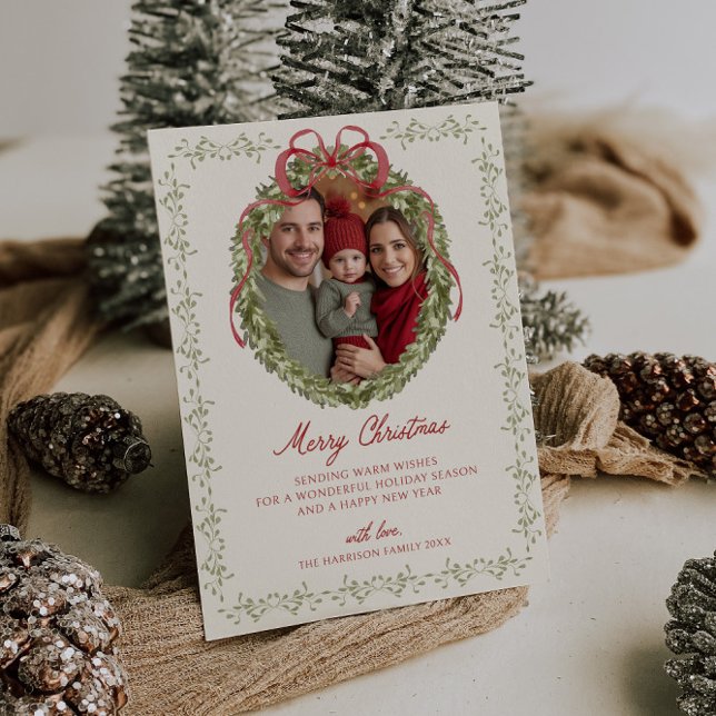 Red Bow Wreath Foto Feiertagskarte (Von Creator hochgeladen)