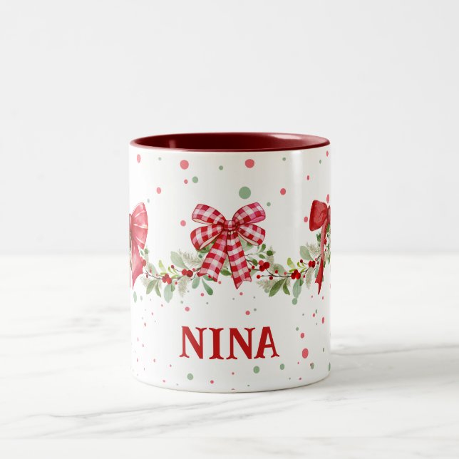 Red Bow Wreath Garland Personalisierte Weihnachtsf Zweifarbige Tasse (Mittel)