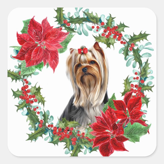 Red Bow Yorkshire Terrier Poinsettia Holly Wreath Quadratischer Aufkleber (Vorderseite)