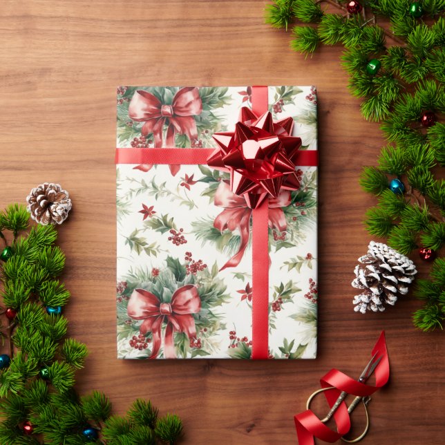 Red Bows and Holly Leaves Geschenkpapier (Feiertagsgeschenk)