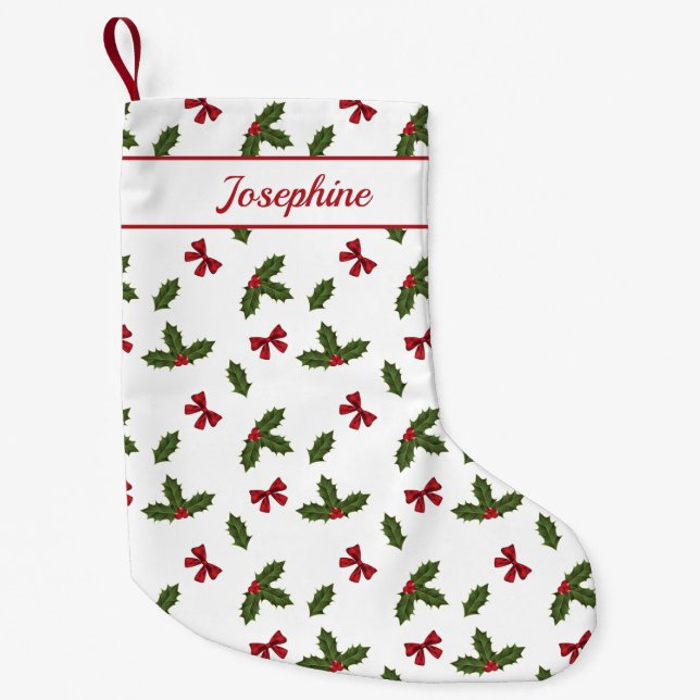 Red Bows und Weihnachts Holly Pflanze Muster & Nam Kleiner Weihnachtsstrumpf (Vorderseite)