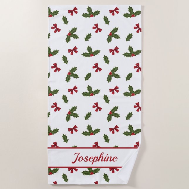 Red Bows und Weihnachts Holly Pflanze Muster & Nam Strandtuch (Vorderseite)