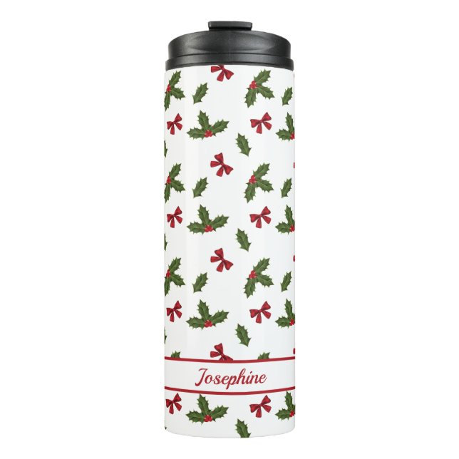 Red Bows und Weihnachts Holly Pflanze Muster & Nam Thermosbecher (Vorderseite)