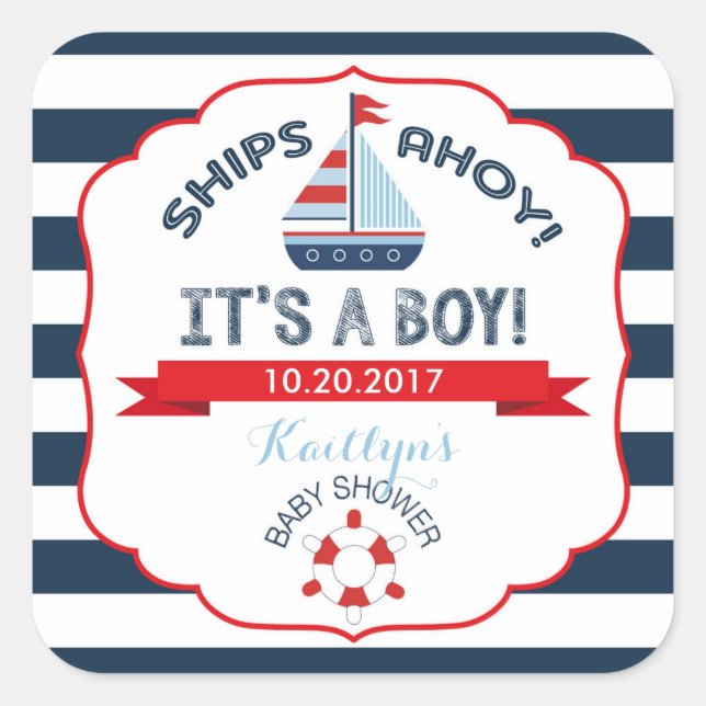 Red Boy Baby Dusche Label für Nautical Sailboat Quadratischer Aufkleber (Vorderseite)
