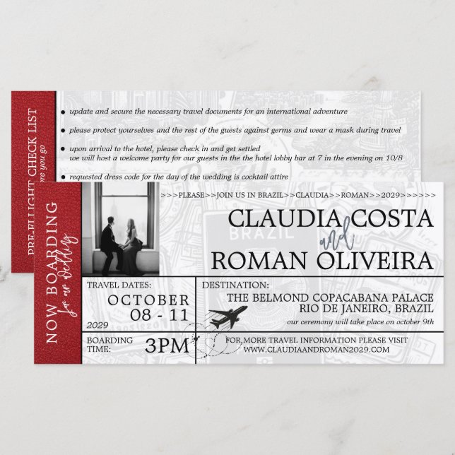 Red Brazil Mariage Boarding Pass Invitation (Devant / Derrière)