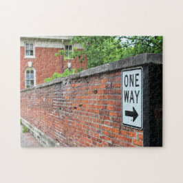 Red Brick Wall & One Way Sign