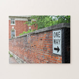 Red Brick Wall & One Way Sign