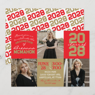 Red & Bronze Gold 3 Photo Graduation Invitation