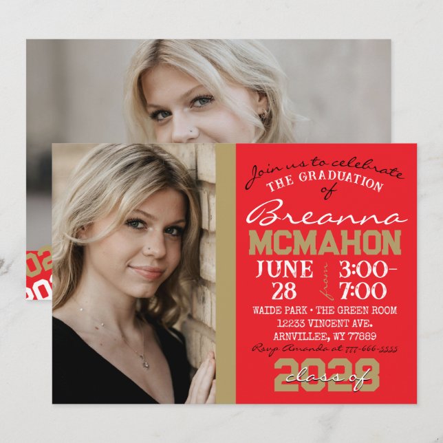 Red & Bronze Gold Abschluss 2 Foto Einladung (Vorne/Hinten)