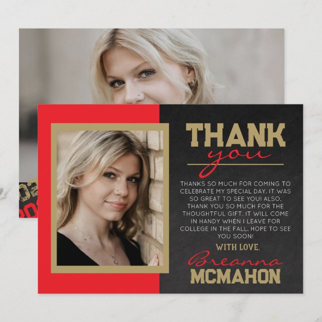 Red & Bronze Gold Abschluss Foto Danke Karte (Vorne/Hinten)