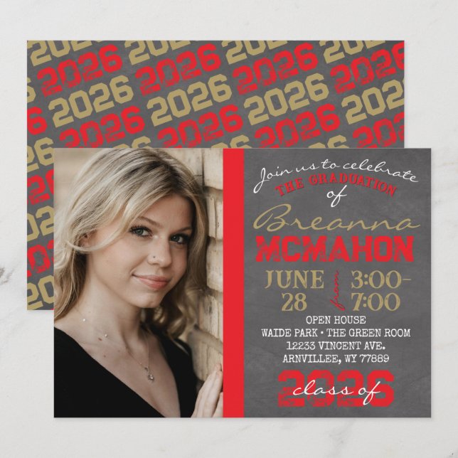 Red & Bronze Gold Chalkboard Abschluss Einladung (Vorne/Hinten)