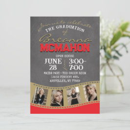 Red & Bronze Gold Chalkboard Filmstrip Abschluss Einladung