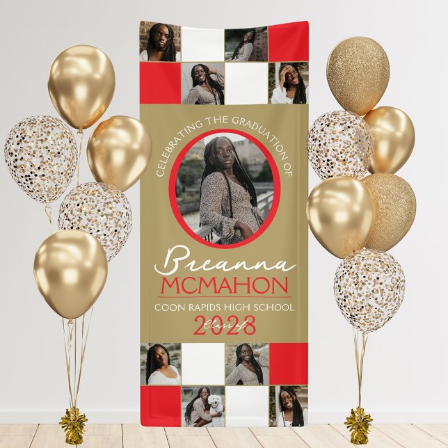 Red & Bronze Gold Foto Collage Abschluss Vinyl Banner (9 Photo Graduation Hanging Vinyl Banner in Red and Bronze Gold)
