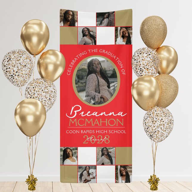 Red & Bronze Gold Foto Collage Abschluss Vinyl Banner (9 Photo Graduation Hanging Vinyl Banner in Red and Bronze Gold)