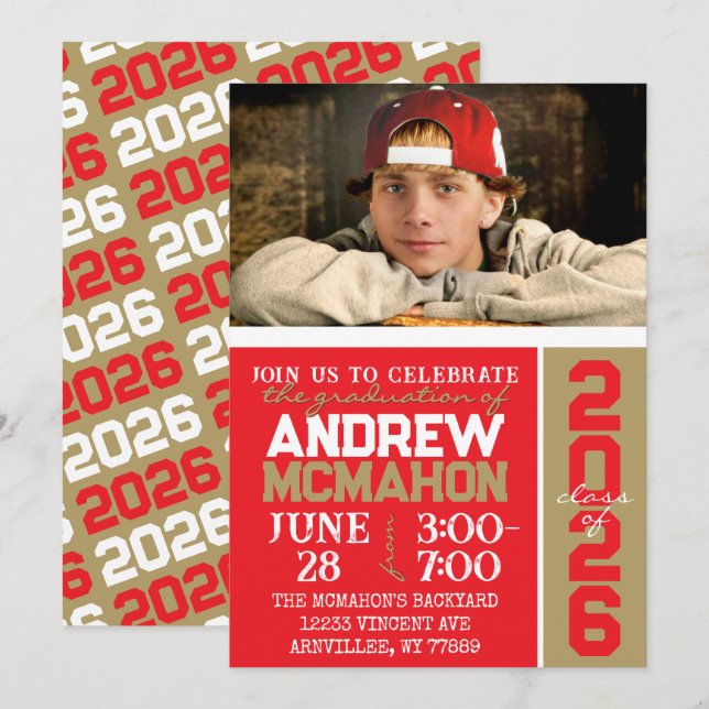 Red & Bronze Gold Graduation Photo Invitation (Devant / Derrière)