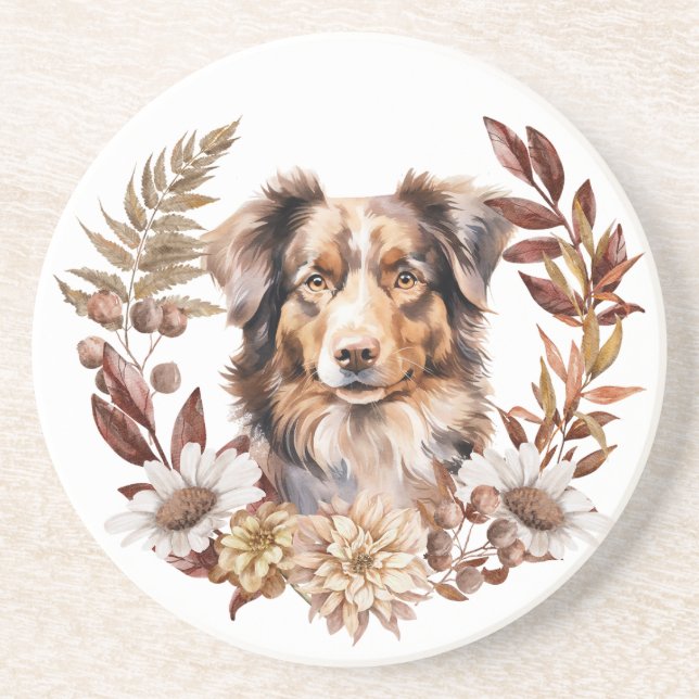 Red Brown Australian Shepherd Dog Herbstkranz Getränkeuntersetzer (Vorne)