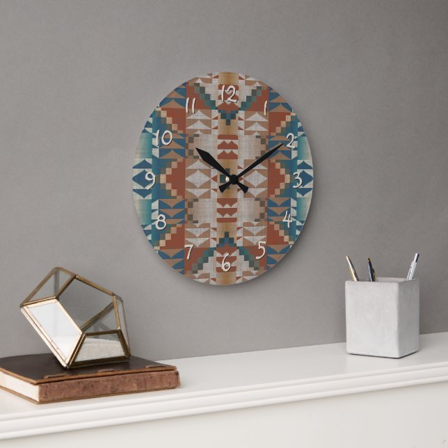 Red Brown Beige Aquamarin Blue Tribal Art Muster Große Wanduhr (Büro)