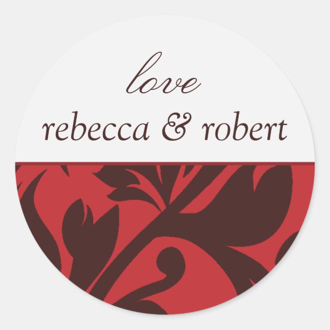 Red Brown Damask Individuelle Name Hochzeit Einlad Runder Aufkleber (Vorderseite)