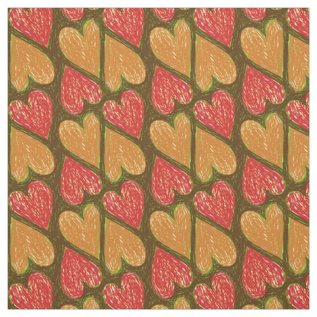 Red Brown Scribble Hearts Pattern Earthy Niedlich  Stoff (Muster)