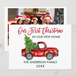 Red Brush Script Truck Erste Weihnachtsfeier Zuhau Feiertagskarte