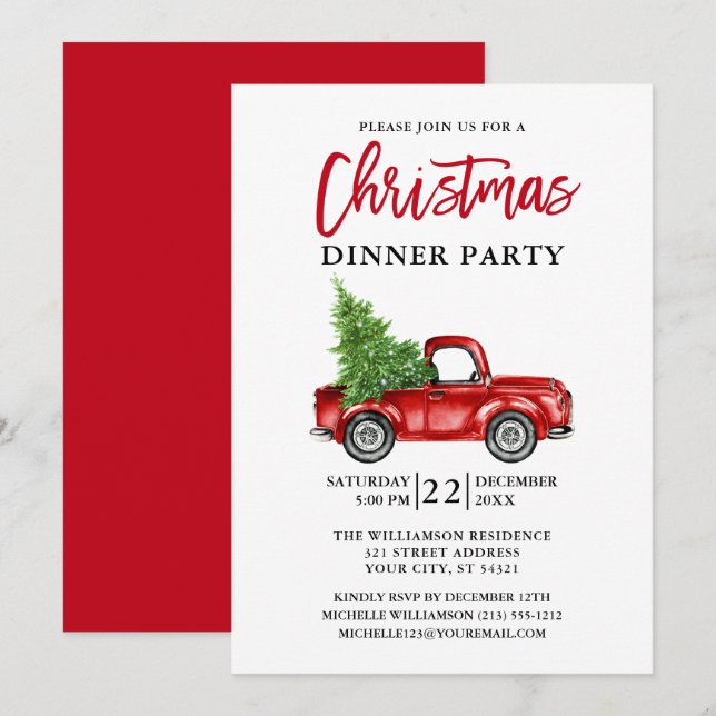 Red Brush Script Truck Weihnachts Party Red Einladung (Vorne/Hinten)