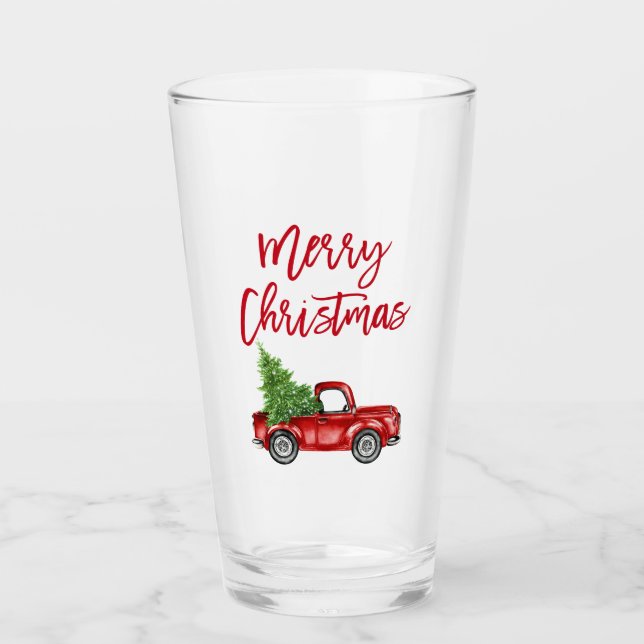 Red Brush Script Vintag Truck Weihnachten Glas (Vorderseite)