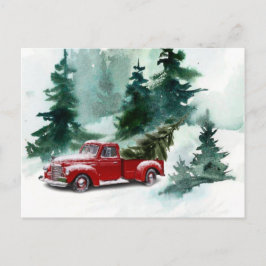 Red Brush Script Vintag Truck Weihnachtsbaum Feiertagspostkarte