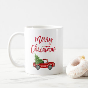 Red Brush Script Vintag Truck Weihnachtsbaum Kaffeetasse