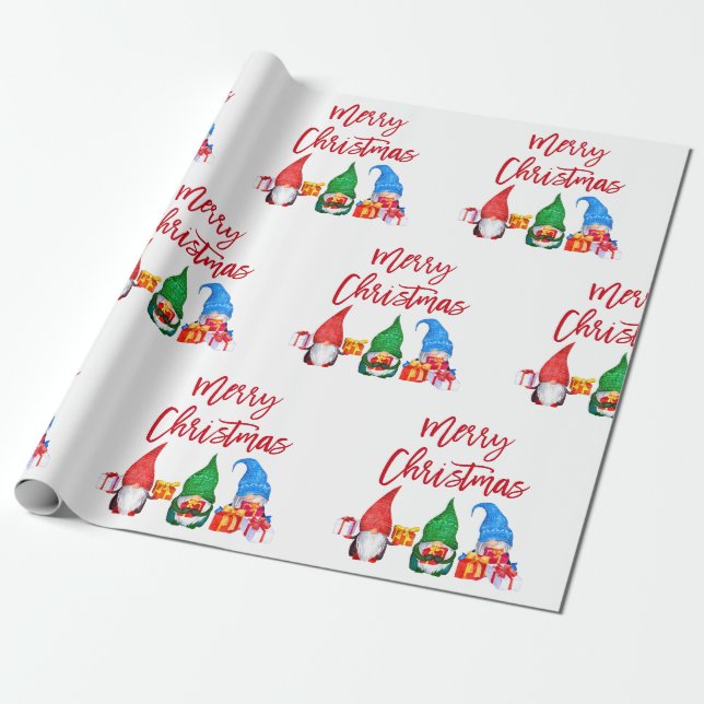 Red Brush Skript Weihnachten Wasserfarben Gnomes Geschenkpapier (Ungerollt)