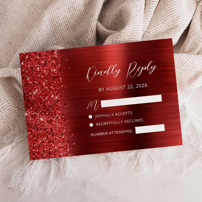 Red Brushed Metal Glitter Script Wedding RSVP Karte (Von Creator hochgeladen)