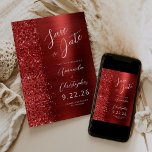 Red Brushed Metal Script Save the Date Ankündigung<br><div class="desc">This elegant modern wedding save the date card features a red brushed metal background decorated with faux diamond glitter. The customizable text combines white script and sans serif fonts. The reverse side repeats the red brushed metal and glitter design.</div>