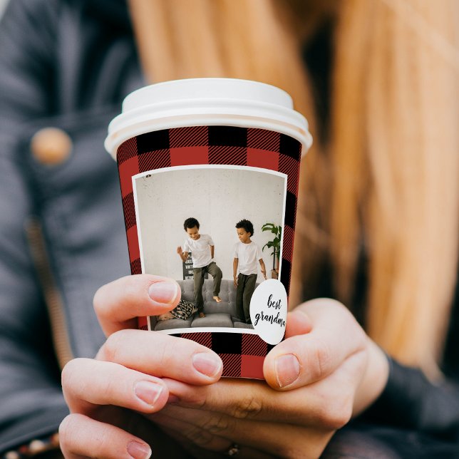 Red Buffalo Kariert Bestes Grandma-Geschenk mit Fo Pappbecher (Von Creator hochgeladen)